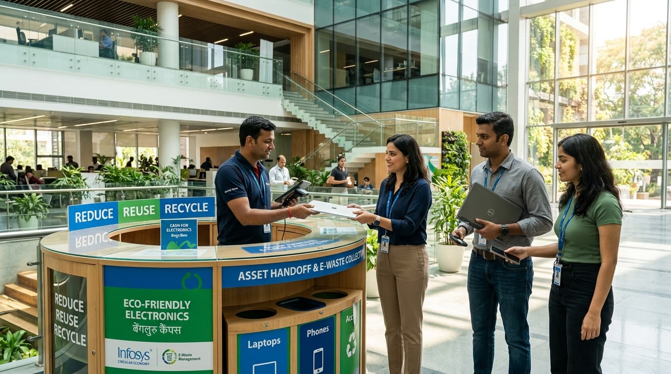 Corporate employee e-waste handoff drive in modern Indian IT office campus