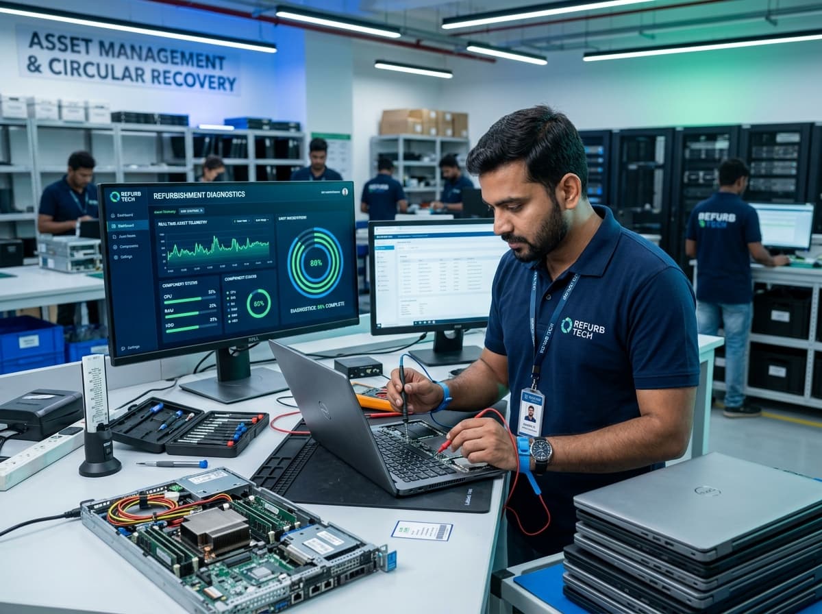 Indian IT Hardware Engineer assessing enterprise laptops in modern Bengaluru diagnostics facility