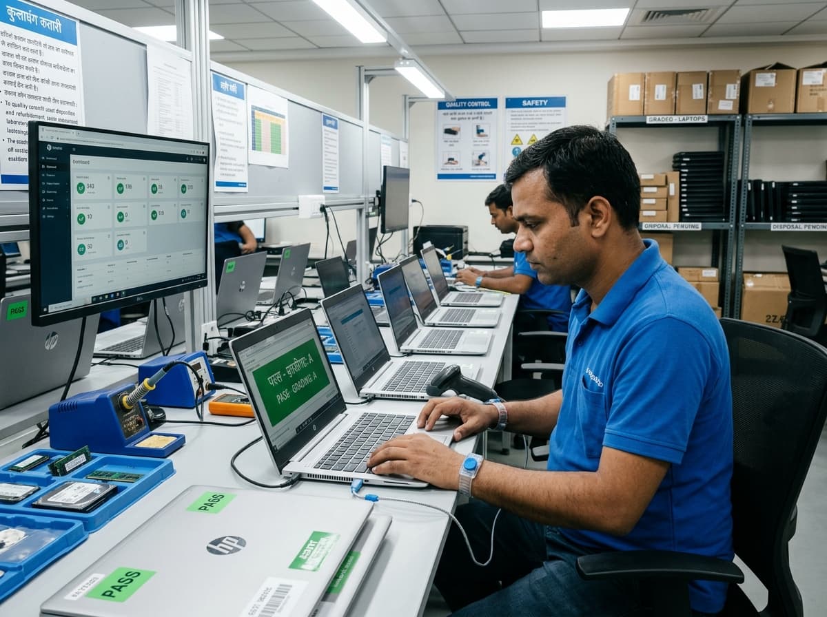 Indian IT hardware technician running automated diagnostics and grading on commercial laptops in certified facility